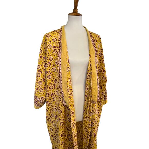 Vintage Boho Golden Yellow Floral Robe Kimono Wrap – Small, Artisan Cotton Blend - Picture 7 of 7